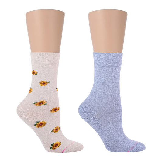Pair of women's half-cushion socks, one with sunflower print and the other in light blue.