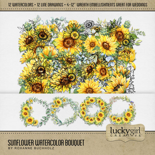 Capture the special moments of your wedding or flower garden with this mix of watercolor and hand drawn sunflowers by Lucky Girl Creative digital art. Great for wedding invitations, save the date cards, albums, decor, and even spring and summer pages, too! This kit is included in the Flower Watercolor Bouquet Bundle 1.