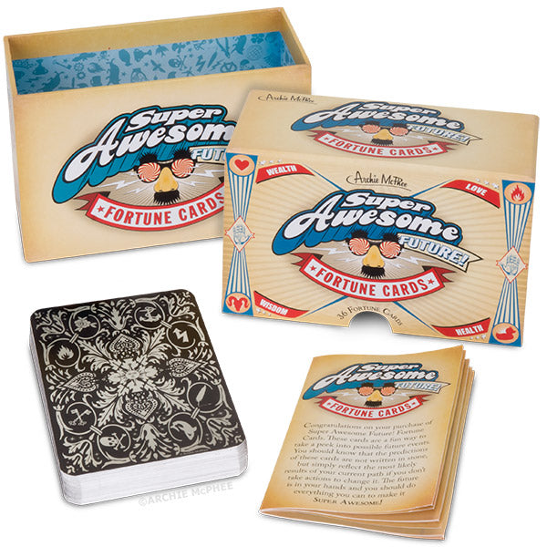 Introducing the Super Awesome Future! Fortune Cards, a set complete with a deck and an instruction booklet for predicting the future. Ideal for anyone interested in tarot cards and excited to discover their potential.