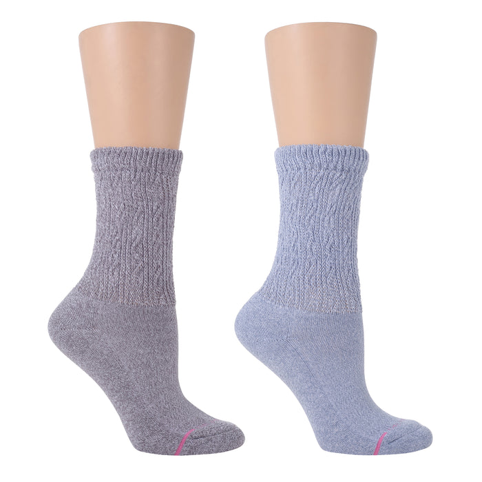 Two pairs of half-cushion socks in light gray and blue, featuring ribbed texture and contrasting toe colors.
