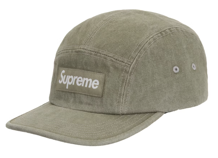 Supreme Denim Camp Cap in olive color from SS25 collection, brand new deadstock