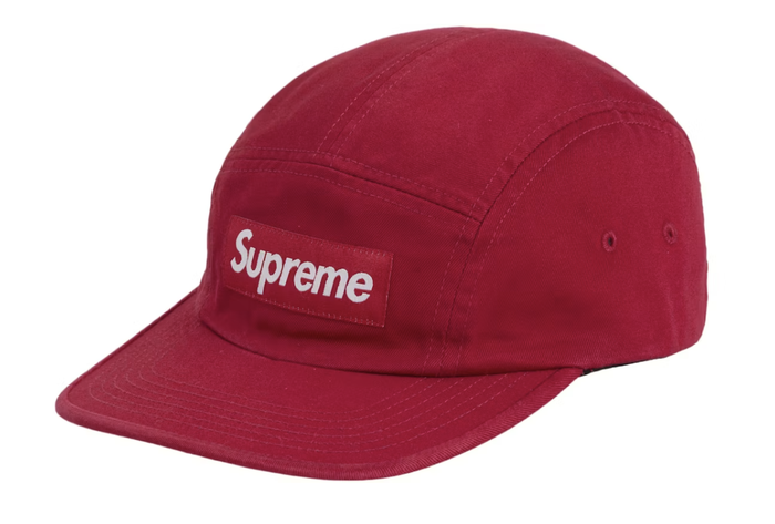 Red Supreme Washed Chino Twill Camp Cap with SS25 branding, brand new deadstock design