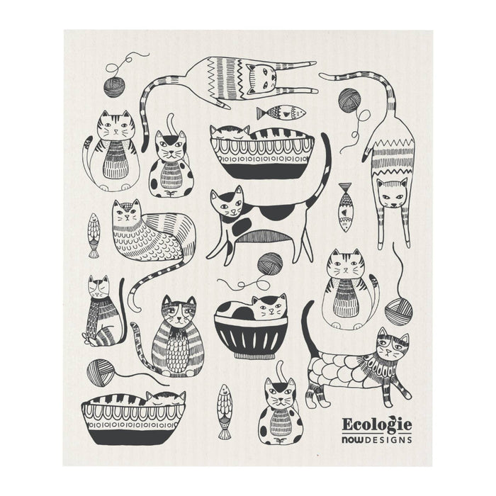 White towel with black cat illustrations and 'Ecologie Now Designs' branding.