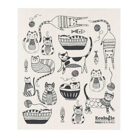 White towel with black cat illustrations and 'Ecologie Now Designs' branding.