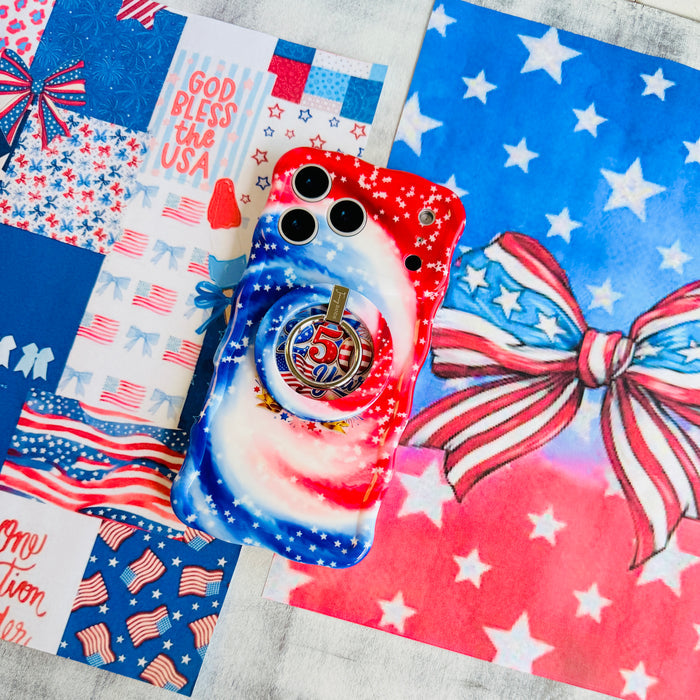 Trendy wavy iPhone case featuring a patriotic red, white, and blue marble swirl pattern covered in white stars with a central 250 Years 1776 flag emblem.