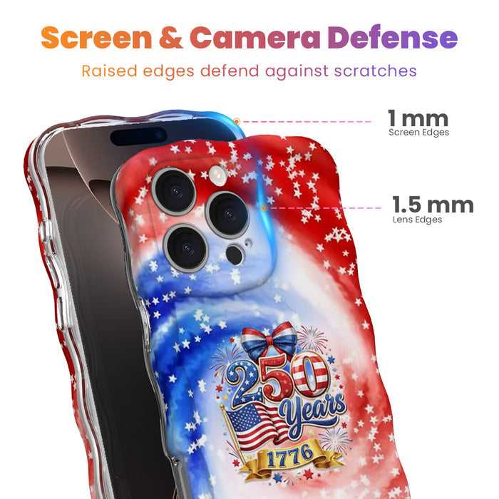 Trendy wavy iPhone case featuring a patriotic red, white, and blue marble swirl pattern covered in white stars with a central 250 Years 1776 flag emblem.
