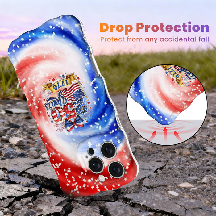 Trendy wavy iPhone case featuring a patriotic red, white, and blue marble swirl pattern covered in white stars with a central 250 Years 1776 flag emblem.