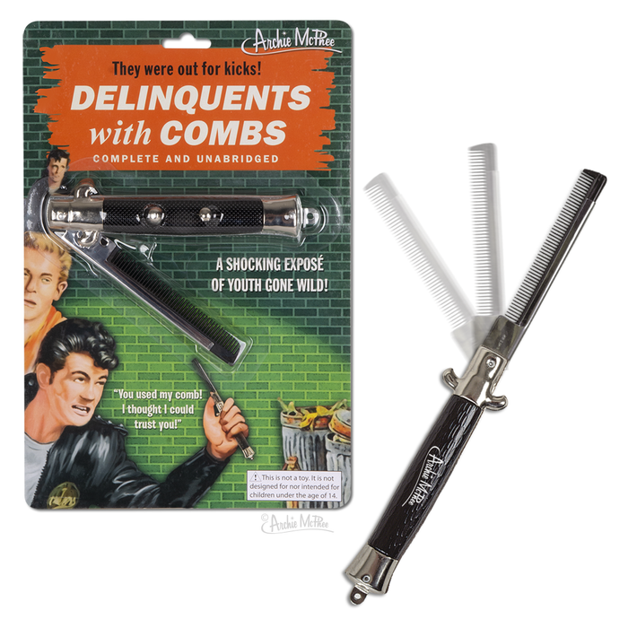 The "Switchblade Comb" comes in retro packaging labeled "Delinquents with Combs," featuring 1950s-style graphics and a safety lock for secure portability.
