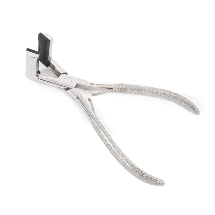 The Perfect Locks Tape-In Hair Extension Pliers (Upgraded Version) with textured handles and a flat jaw, on a white background.