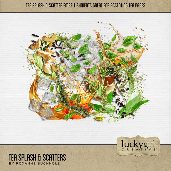Cozy up your digital scrapbooking pages with these tea splash and scatter embellishments. Great for travel to Asia, Japan, China, and more! Embellishments include tea leaves, ginger, ice, ice cubes, cream, creamer, mint leaves, iced tea, hot tea, loose tea, dried tea leaves, green tea, water, and more. This kit is included in the Tea Bundle.