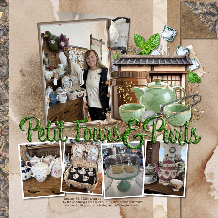 Cozy up your digital scrapbooking pages with these realistic tea-inspired embellishments, papers, and clusters. Great for tea shops, time with girlfriends, afternoon tea, vacations to Asia, China, Japan, and more! Embellishments include apron, cookie, hearts, bread, loaf, pound cake, bakery, baked goods, hot tea, ice tea, iced tea, bubble tea, boba tea, stool, cafe, cup lid, tea shop, ginger, honey, honey dipper, honey spoon, tea infuser, hot water heater pot, pitcher, Japanese tea cups, Japanese Tea House.