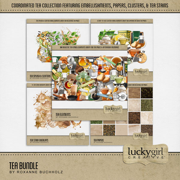 Cozy up your digital scrapbooking pages with these realistic tea-inspired embellishments, papers, and clusters. Great for tea shops, time with girlfriends, afternoon tea, vacations to Asia, China, Japan, and more! Embellishments include apron, cookie, hearts, bread, loaf, pound cake, bakery, baked goods, hot tea, ice tea, iced tea, bubble tea, boba tea, stool, cafe, cup lid, tea shop, ginger, honey, honey dipper, honey spoon, tea infuser, hot water heater pot, pitcher, Japanese tea cups, Japanese Tea House.