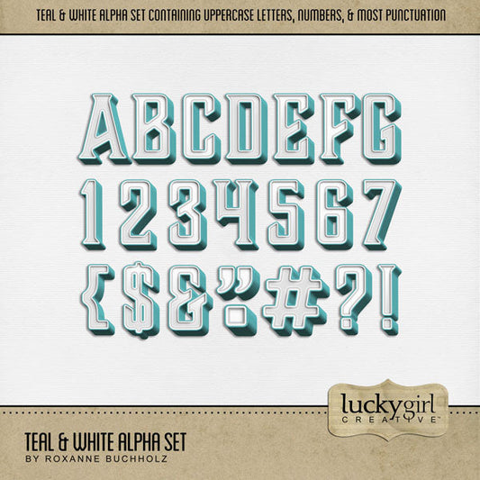These sweet teal and white alphabet and number digital scrapbooking embellishments are easy to use for everyday digital scrapbook page titles and special occasions such as Valentine's Day, Easter, and baby pages. The Teal & White Alpha Set consists of a full set of digital art uppercase alphabet letters A-Z, numbers 0-9, and most punctuation marks. This alpha set is available as individual embellishments only. This kit is included in the Valentine Sweet Shop Bundle.