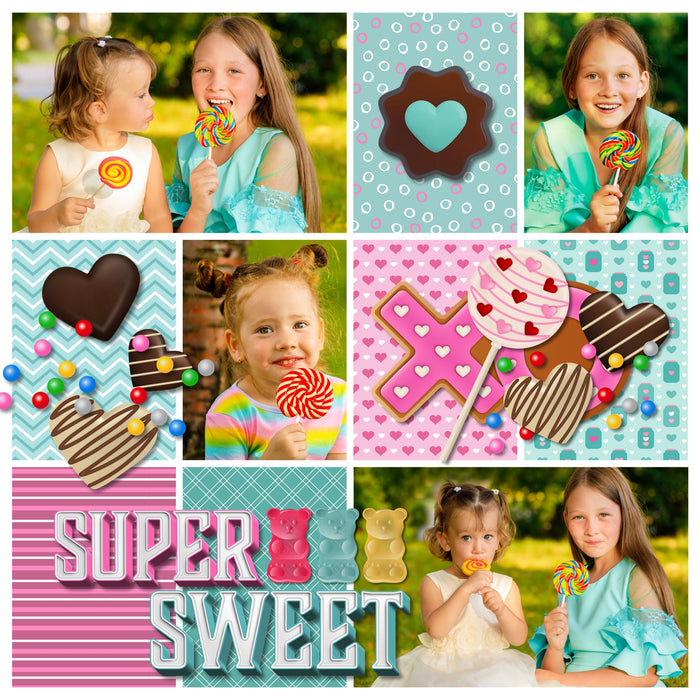 Add these sweet embellishments, patterned papers, clusters, and 2 alpha sets by Lucky Girl Creative digital art to all your holiday digital scrapbooking pages! In hues of pink, teal, and white, these sweet elements will add so much fun to all your Valentine's Day projects including greeting cards and holiday decor. Embellishments include cake pop, cake, candy cane, heart, candy corn, cookie, cupcake, donut, doughnut, peppermint, ribbon, candy, hard candy, sucker, lollipop, chocolate dipped strawberry.