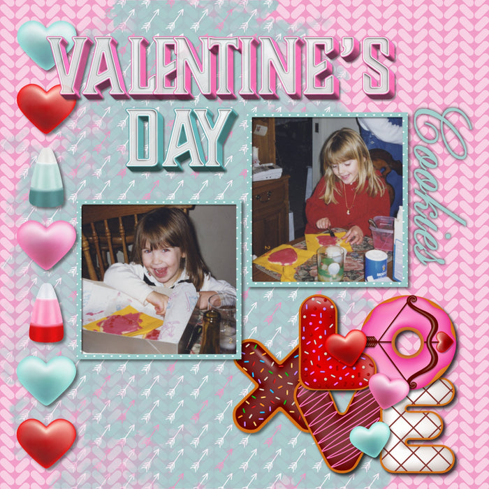 Add these sweet embellishments, patterned papers, clusters, and 2 alpha sets by Lucky Girl Creative digital art to all your holiday digital scrapbooking pages! In hues of pink, teal, and white, these sweet elements will add so much fun to all your Valentine's Day projects including greeting cards and holiday decor. Embellishments include cake pop, cake, candy cane, heart, candy corn, cookie, cupcake, donut, doughnut, peppermint, ribbon, candy, hard candy, sucker, lollipop, chocolate dipped strawberry.