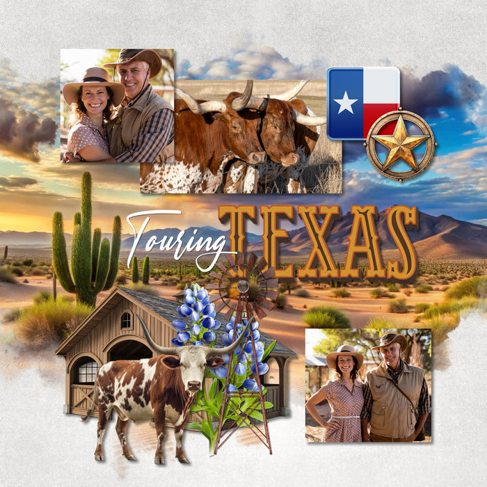 Celebrate Texas with these beautiful realistic embellishments, clusters, masked scenic overlays, engraved stamps, and western alpha set by Lucky Girl Creative digital art for digital scrapbooking. Great for travel and vacations to Texas, the Southwest, Arizona, Mexico, parts of Oklahoma and Louisiana, Houston, Dallas, Austin, San Antonio, Fort Worth, El Paso, Arlington, Amarillo, Plano, Midland, Lubbock, Galveston, and more. Embellishments include armadillo, bluebird, bird, chicken, kestrel, owl, pelican.