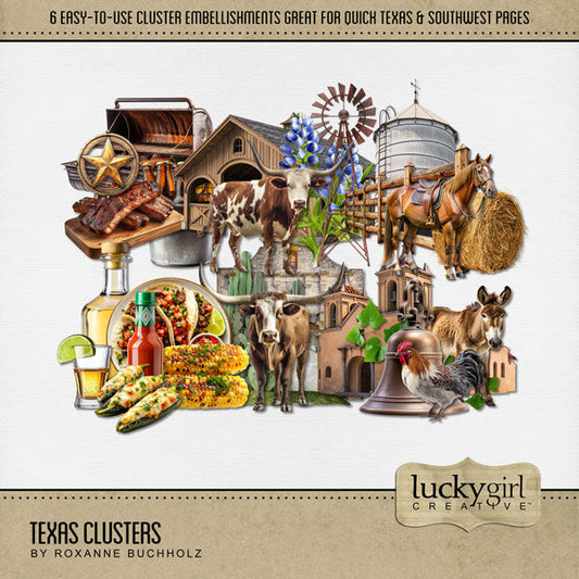 Celebrate Texas with these beautiful and realistic easy-to-use cluster embellishments by Lucky Girl Creative digital art for digital scrapbooking. Simply drop on your page and go! Great for vacations to Texas, the Southwest, Arizona, Mexico, parts of Oklahoma and Louisiana, Houston, Dallas, Austin, San Antonio, Fort Worth, El Paso, Arlington, Amarillo, Plano, Midland, Lubbock, Galveston, and more. Embellishments include Longhorn cattle, mission, Alamo, silo, horse, hay bale, fence, BBQ, barbeque, grill.