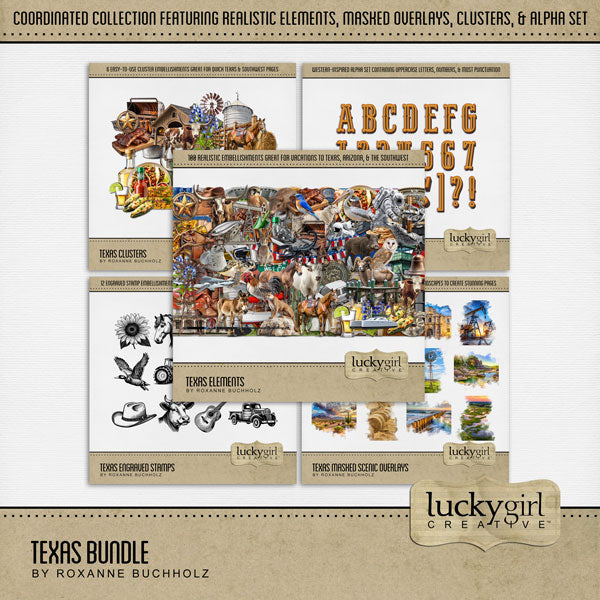 Celebrate Texas with these beautiful realistic embellishments, clusters, masked scenic overlays, engraved stamps, and western alpha set by Lucky Girl Creative digital art for digital scrapbooking. Great for travel and vacations to Texas, the Southwest, Arizona, Mexico, parts of Oklahoma and Louisiana, Houston, Dallas, Austin, San Antonio, Fort Worth, El Paso, Arlington, Amarillo, Plano, Midland, Lubbock, Galveston, and more. Embellishments include armadillo, bluebird, bird, chicken, kestrel, owl, pelican.