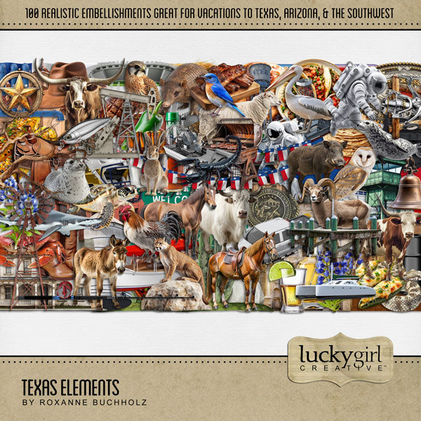 Celebrate Texas with these beautiful and realistic embellishments by Lucky Girl Creative digital art for digital scrapbooking. Great for travel and vacations to Texas, the Southwest, Arizona, Mexico, parts of Oklahoma and Louisiana, Houston, Dallas, Austin, San Antonio, Fort Worth, El Paso, Arlington, Amarillo, Plano, Midland, Lubbock, Galveston, and more. Embellishments include armadillo, bluebird, bird, chicken, kestrel, owl, pelican, cow, bull, longhorn cattle, rabbit, hare, crab, burro, donkey, horse.