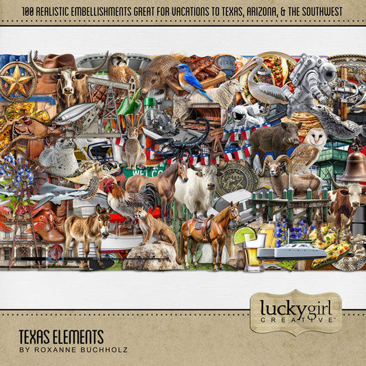 Celebrate Texas with these beautiful and realistic embellishments by Lucky Girl Creative digital art for digital scrapbooking. Great for travel and vacations to Texas, the Southwest, Arizona, Mexico, parts of Oklahoma and Louisiana, Houston, Dallas, Austin, San Antonio, Fort Worth, El Paso, Arlington, Amarillo, Plano, Midland, Lubbock, Galveston, and more. Embellishments include armadillo, bluebird, bird, chicken, kestrel, owl, pelican, cow, bull, longhorn cattle, rabbit, hare, crab, burro, donkey, horse.