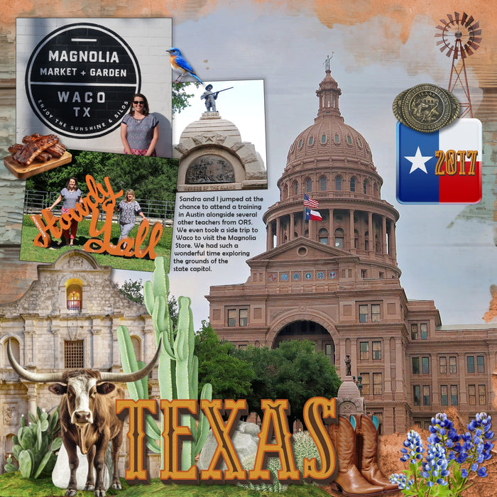 Celebrate Texas with these beautiful realistic embellishments, clusters, masked scenic overlays, engraved stamps, and western alpha set by Lucky Girl Creative digital art for digital scrapbooking. Great for travel and vacations to Texas, the Southwest, Arizona, Mexico, parts of Oklahoma and Louisiana, Houston, Dallas, Austin, San Antonio, Fort Worth, El Paso, Arlington, Amarillo, Plano, Midland, Lubbock, Galveston, and more. Embellishments include armadillo, bluebird, bird, chicken, kestrel, owl, pelican.