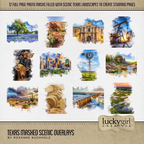 Celebrate Texas with these beautiful masked scenic overlay embellishments by Lucky Girl Creative digital art for digital scrapbooking. With transparent edges, these masked photographs blend seamlessly into any background paper and make the perfect backdrop for all digital scrapbooking pages. Great for vacations to Texas, the Southwest, Arizona, Mexico, parts of Oklahoma and Louisiana, Houston, Dallas, Austin, San Antonio, Fort Worth, El Paso, Arlington, Amarillo, Plano, Midland, Lubbock, Galveston.