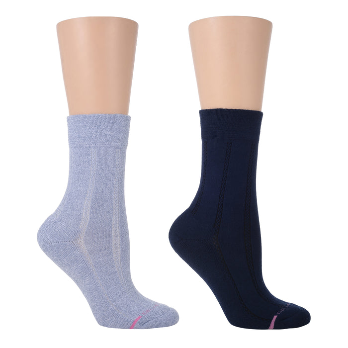 Two pairs of half-cushion socks in light blue and navy, featuring textured designs and a mid-calf length.