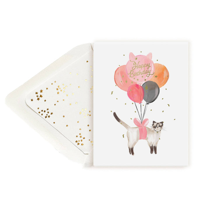 The First Snow - Happy Birthday Balloon Cat with Gold Confetti Greeting Card