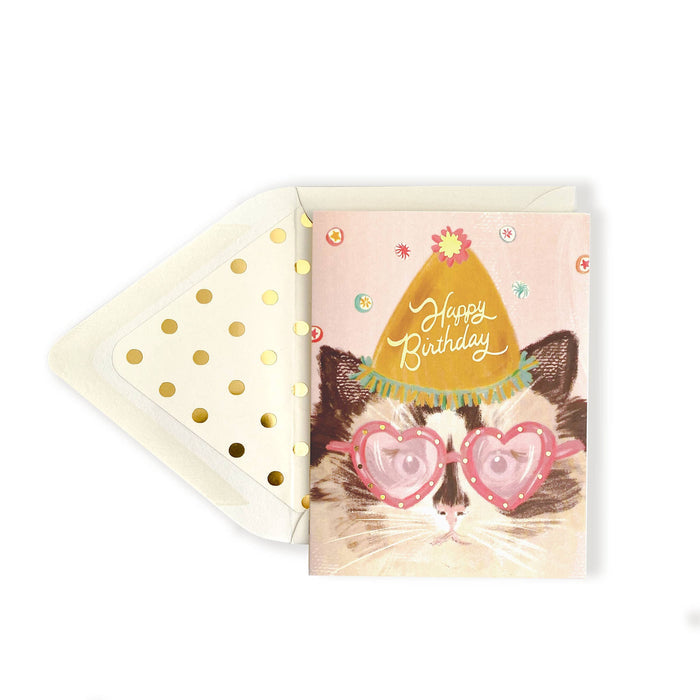 The First Snow - Happy Birthday Cat with Heart Glasses