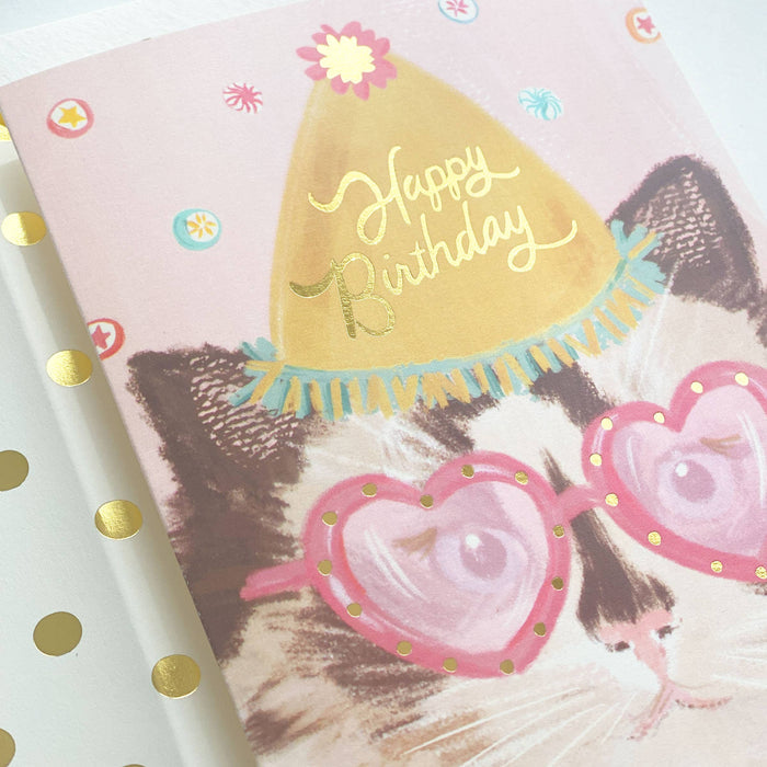 The First Snow - Happy Birthday Cat with Heart Glasses