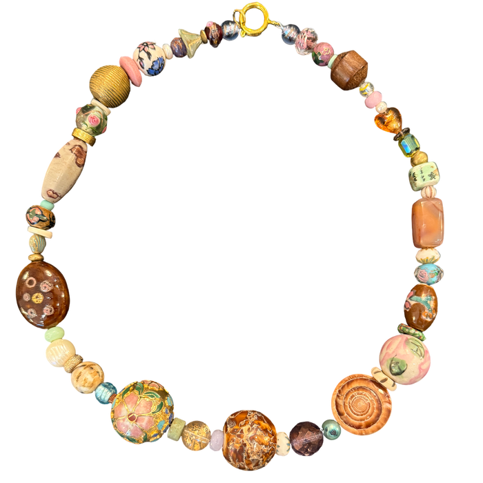 one of one necklace, collected bead necklace, artisan necklace, statement bead necklace, heirloom style jewelry, maximalist jewelry, wearable art necklace, romantic jewelry, eclectic jewelry, chunky bead necklace, vintage inspired necklace, boutique jewelry, fashion jewelry, curated accessories, floral bead necklace, artistic statement jewelry, boho luxury jewelry, collector style jewelry, unique artisan necklace, grandmillennial jewelry