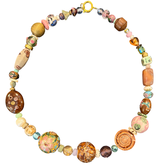 one of one necklace, collected bead necklace, artisan necklace, statement bead necklace, heirloom style jewelry, maximalist jewelry, wearable art necklace, romantic jewelry, eclectic jewelry, chunky bead necklace, vintage inspired necklace, boutique jewelry, fashion jewelry, curated accessories, floral bead necklace, artistic statement jewelry, boho luxury jewelry, collector style jewelry, unique artisan necklace, grandmillennial jewelry