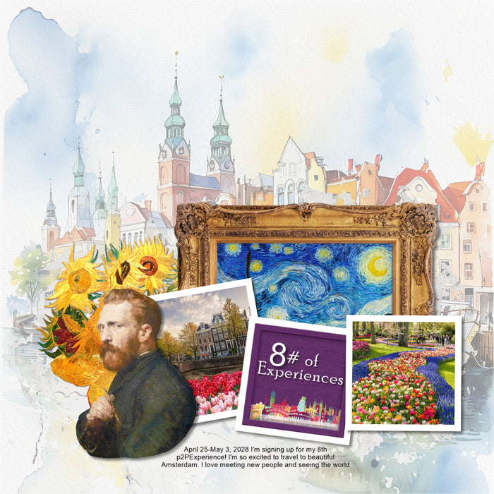 Create stylish digital scrapbooking pages of your vacation or holiday to Amsterdam, Holland, or The Netherlands with these beautiful watercolor embellishments, papers, and tulip overlays by Lucky Girl Creative digital art. Great for spring flower garden pages, too! Embellishments include bird, egret, heron, swan, cow, deep, fish, fox, Highland cow, seal, architecture, building, home, house, bag, bicycle, flag of The Netherlands, river boat, cruise, bridge, castle, beer, Dutch children, wooden shoes, tulips.