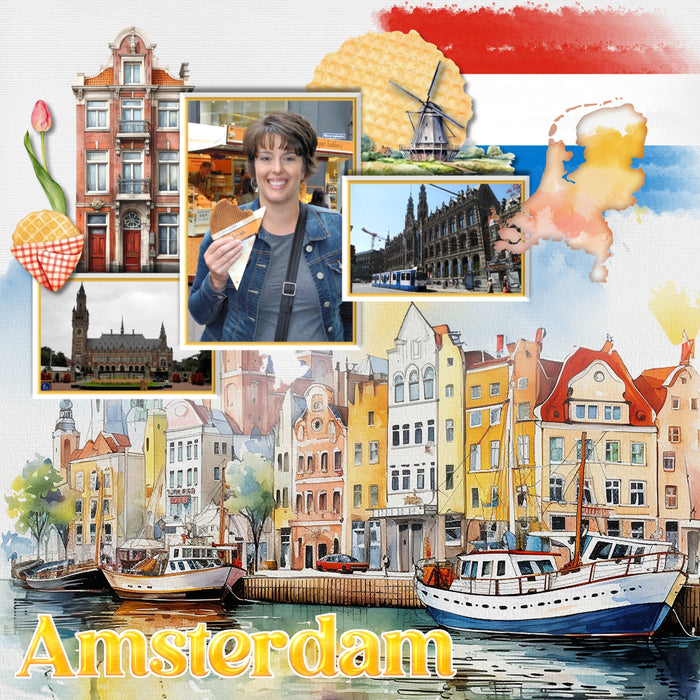 Create stylish digital scrapbooking pages of your vacation or holiday to Amsterdam, Holland, or The Netherlands with these beautiful watercolor embellishments, papers, and tulip overlays by Lucky Girl Creative digital art. Great for spring flower garden pages, too! Embellishments include bird, egret, heron, swan, cow, deep, fish, fox, Highland cow, seal, architecture, building, home, house, bag, bicycle, flag of The Netherlands, river boat, cruise, bridge, castle, beer, Dutch children, wooden shoes, tulips.