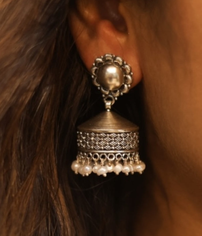 The Pradhva Silver Filigree Pearl Jhumka