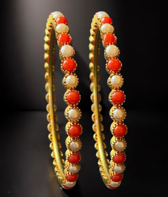The Tanmaya Silver Coral & Pearl Bangle-Single (Size /2.2/2.4/2.6/2.8)