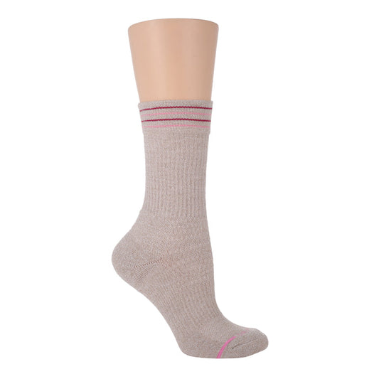 Beige crew sock with thin pink stripes at the top and ribbed texture.