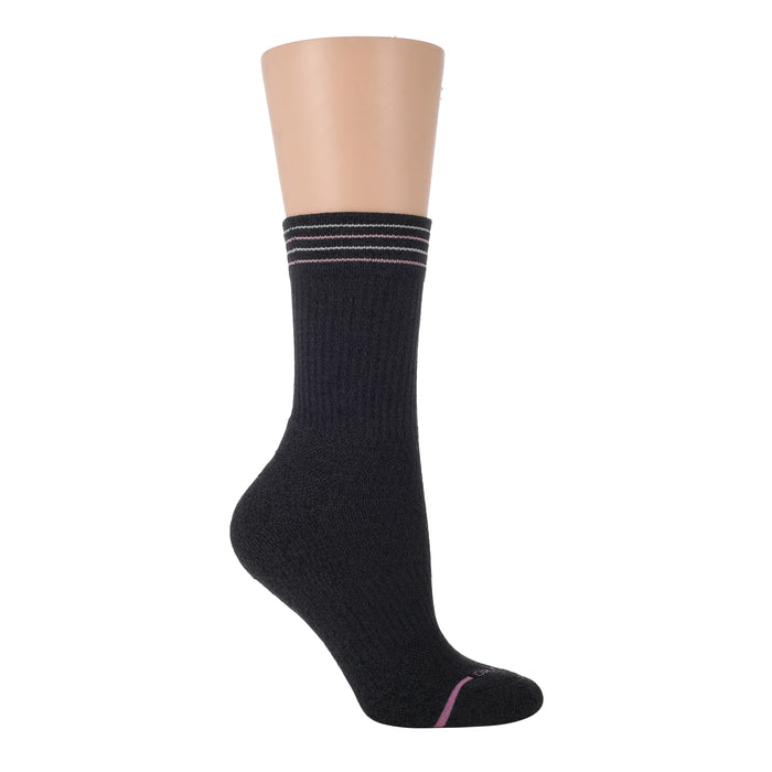 Black crew socks with thin striped cuff and ribbed texture, designed for medium weight compression.
