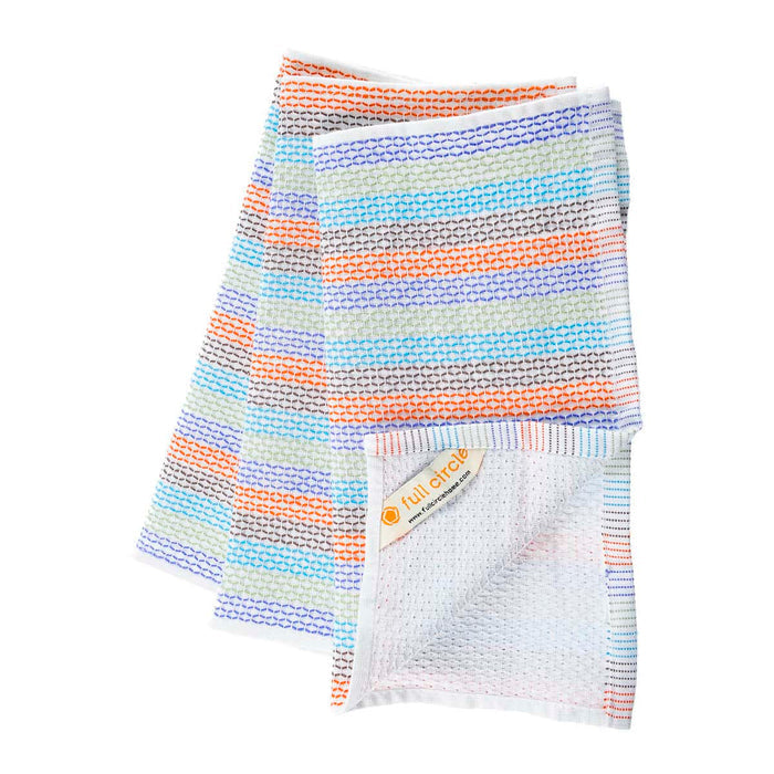 A folded waffle-weave dish cloth with multicolour stripes in blue, orange, purple, and green on a white background, with the brand tag 'full circle' visible.