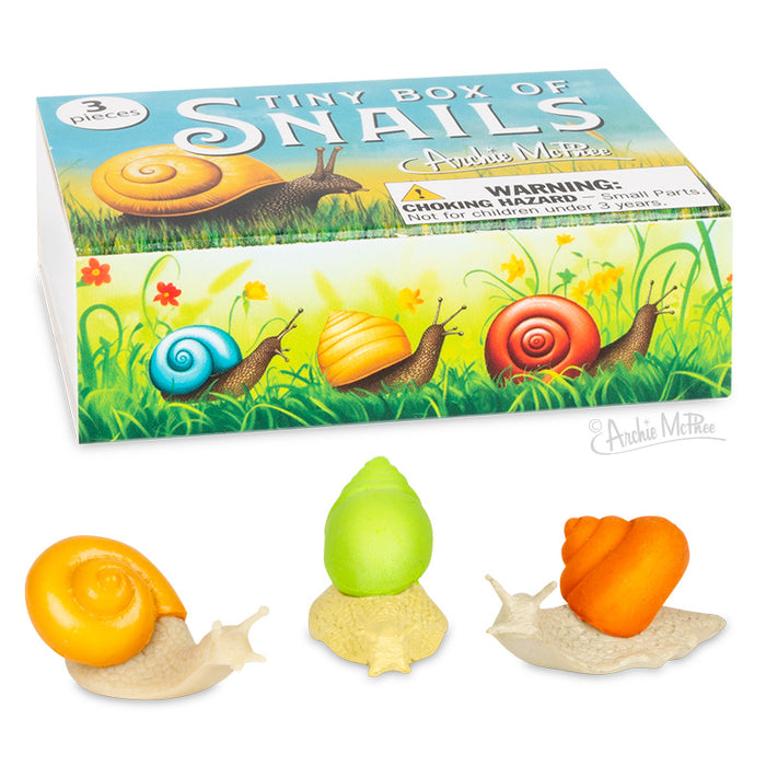 Colorful snail toys in bodacious styles are displayed before a Tiny Box of Snails package featuring vibrant garden-themed artwork.
