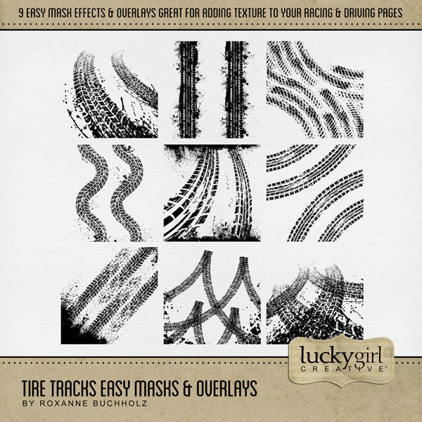 Create your own unique background effects with these tire tracks easy masks & overlays by Lucky Girl Creative digital art that will add a subtle or bold effect to your digital scrapbooking pages. Fill the masks with your favorite color, photo, or paper. Great for trips to the speedway, raceway, classic car collectors, and road trips. In Photoshop, add the photo mask to your page, overlay with your favorite photo or digital paper, and create a clipping path for a stunning result.