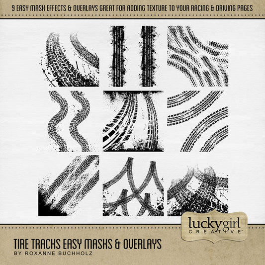 Create your own unique background effects with these tire tracks easy masks & overlays by Lucky Girl Creative digital art that will add a subtle or bold effect to your digital scrapbooking pages. Fill the masks with your favorite color, photo, or paper. Great for trips to the speedway, raceway, classic car collectors, and road trips. In Photoshop, add the photo mask to your page, overlay with your favorite photo or digital paper, and create a clipping path for a stunning result.