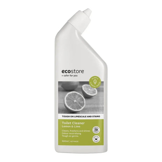 Front of ecostore toilet cleaner lemon & lime. Cleans, freshens & shines. Odour neutralising. Tough on germs.