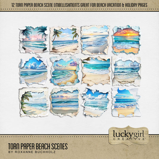 Capture the beauty of your tropical vacation with these beautiful beach scenes surrounded by torn paper by Lucky Girl Creative digital art for digital scrapbooking. This kit is included in the Fairytale Watercolor Sea Bundle.