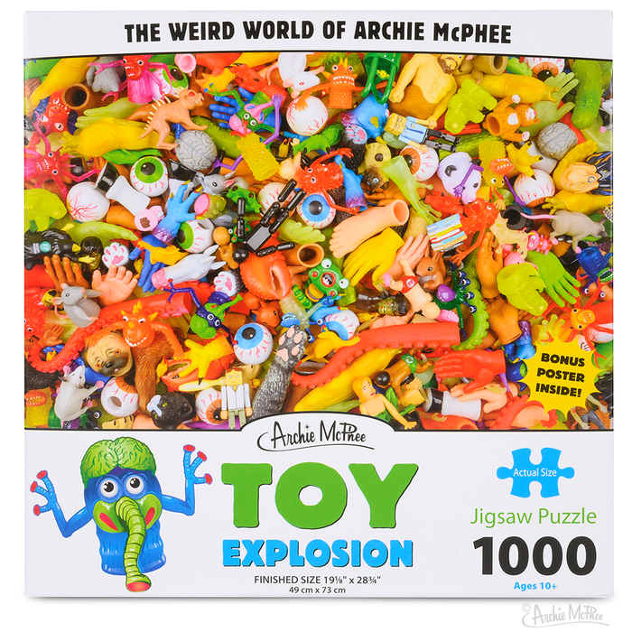 The Toy Explosion Puzzle showcases a vibrant assortment of Archie McPhee toys on a 1000-piece puzzle, suitable for ages 10 and above.