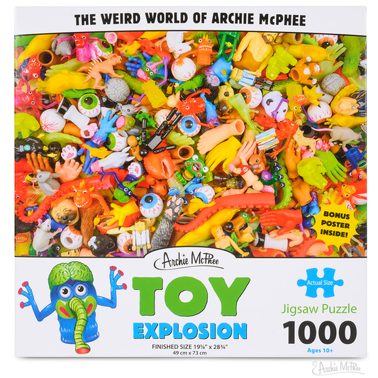 The Toy Explosion Puzzle showcases a vibrant assortment of Archie McPhee toys on a 1000-piece puzzle, suitable for ages 10 and above.