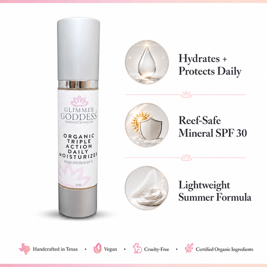 Glimmer Goddess Organic Triple Action Daily Moisturizer with SPF 30 in a white jar, featuring a smooth cream texture.