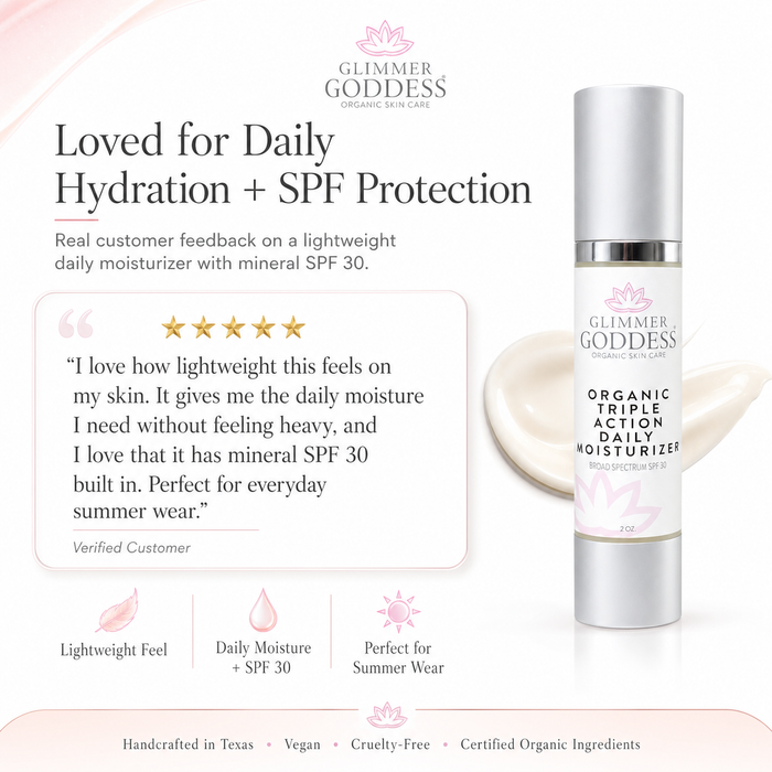 Organic SPF 30 moisturizer by Glimmer Goddess® with triple action hydration and sun protection, featuring a sunny summer background.