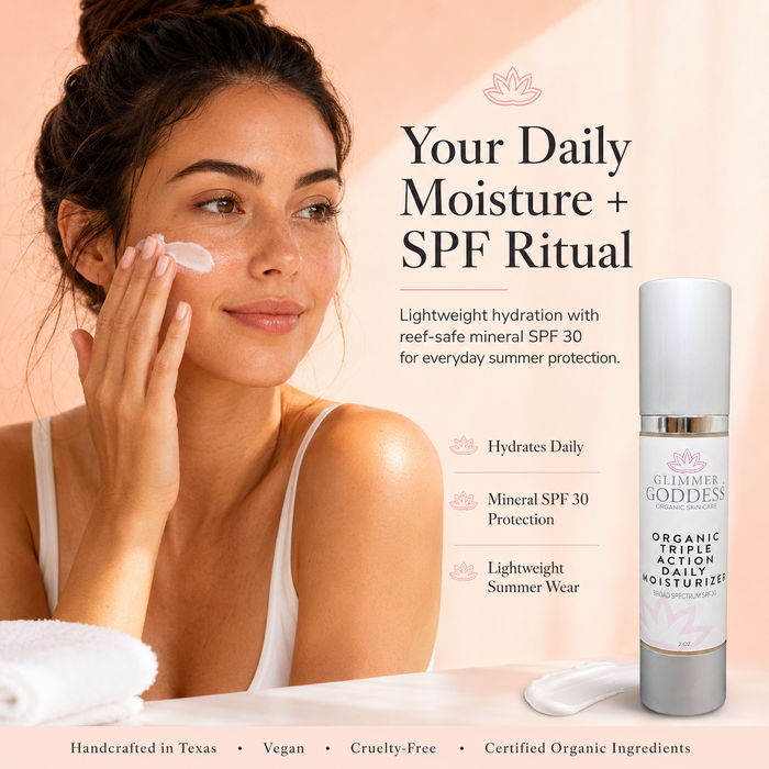 Glimmer Goddess Organic Triple Action Daily Moisturizer with SPF 30, creamy moisturizer in a jar, suitable for daily skincare.