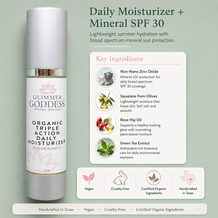 Organic SPF 30 triple action daily moisturizer by Glimmer Goddess® Organic Skin Care, with a fresh summer-themed design.
